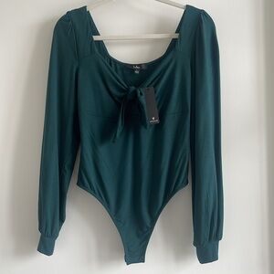 Lulus Tie Fidelity Dark Green Tie-front Bodysuit - Size L
